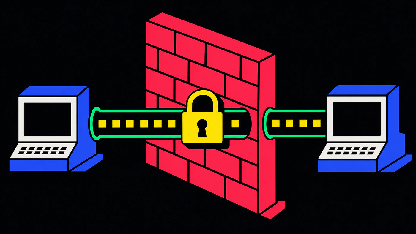 Two blue retro computers flank a red brick wall, linked by a green cable that threads through a glowing yellow padlock at the wall's center while dashed data dots travel the tunnel.