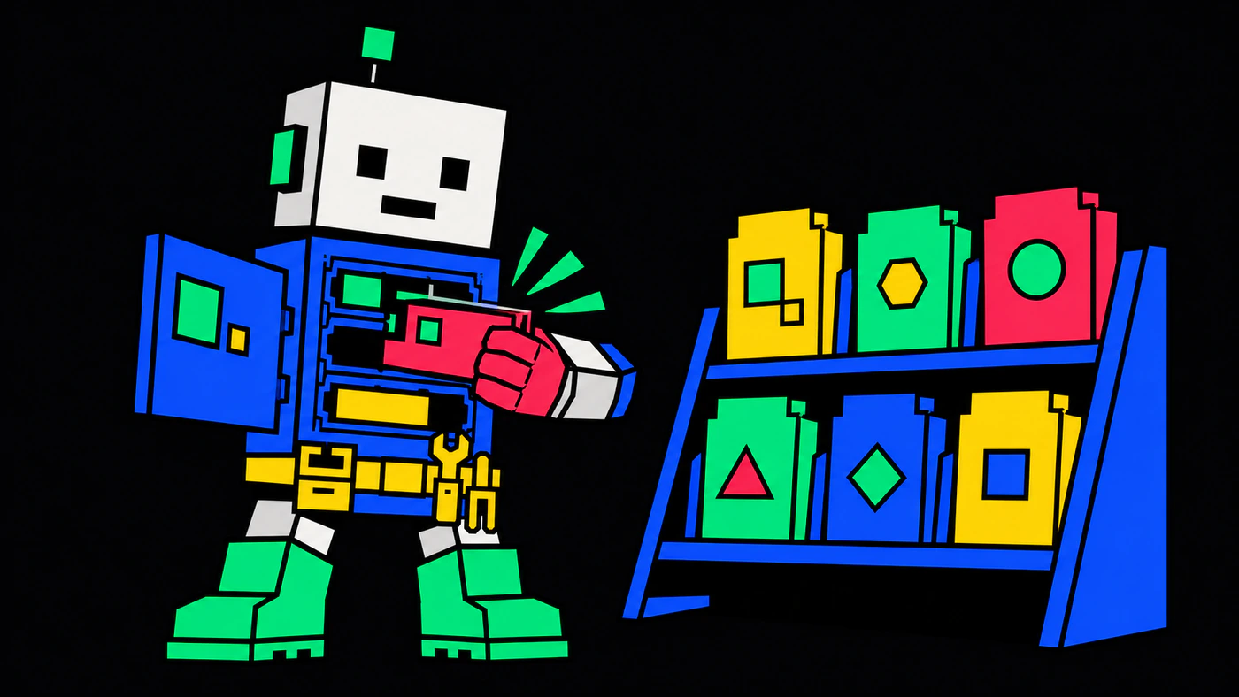 The robot coding agent slotting cartridge-style skill modules into its own chest, beside a rack of pluggable skill cards — modular agent skills as plug-in procedures.