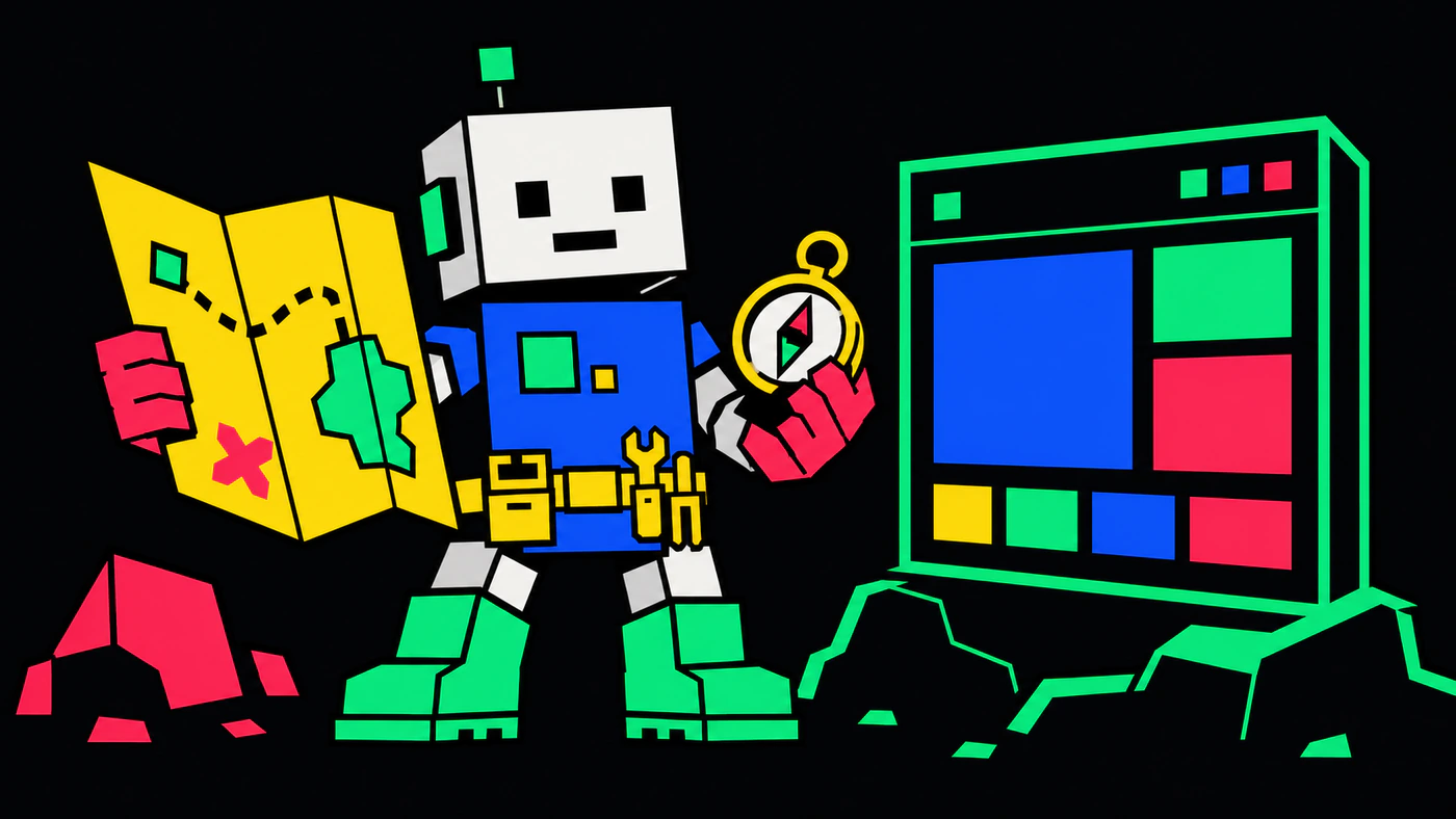 A blocky robot coding agent kitted out for an expedition into a codebase — holding a folded field map and a compass beside a glowing terminal window.