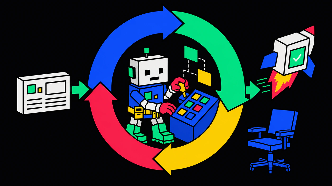The robot coding agent working at a console inside a circular loop of arrows — a ticket entering one side, a deploy rocket launching out the other, and an empty office chair beside it.