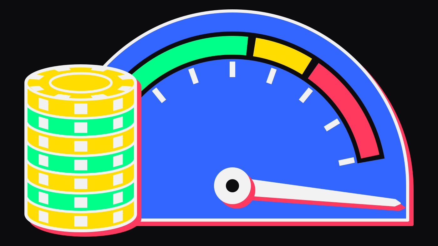 A stack of yellow and green casino chips, the play money, stands in front of a large blue gauge whose scale runs from green through yellow to red. Behind the chips, the gauge's needle is pinned past the end of the red zone.