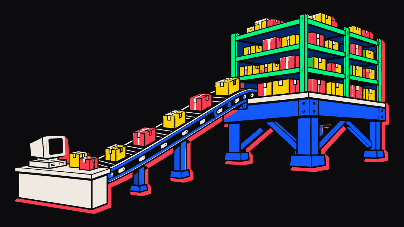An old boxy computer sits on a small off-white shop counter at the lower left. From it, a blue conveyor belt carries a line of yellow and red parcels up to a large blue platform on thick legs, where tall green shelves hold far more boxes than the counter ever did.