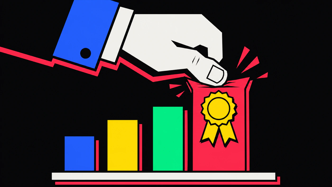 A bar chart where a hand presses its thumb down to inflate the tallest bar, which is crowned with a first-place winner's rosette — a rigged, self-certified benchmark.