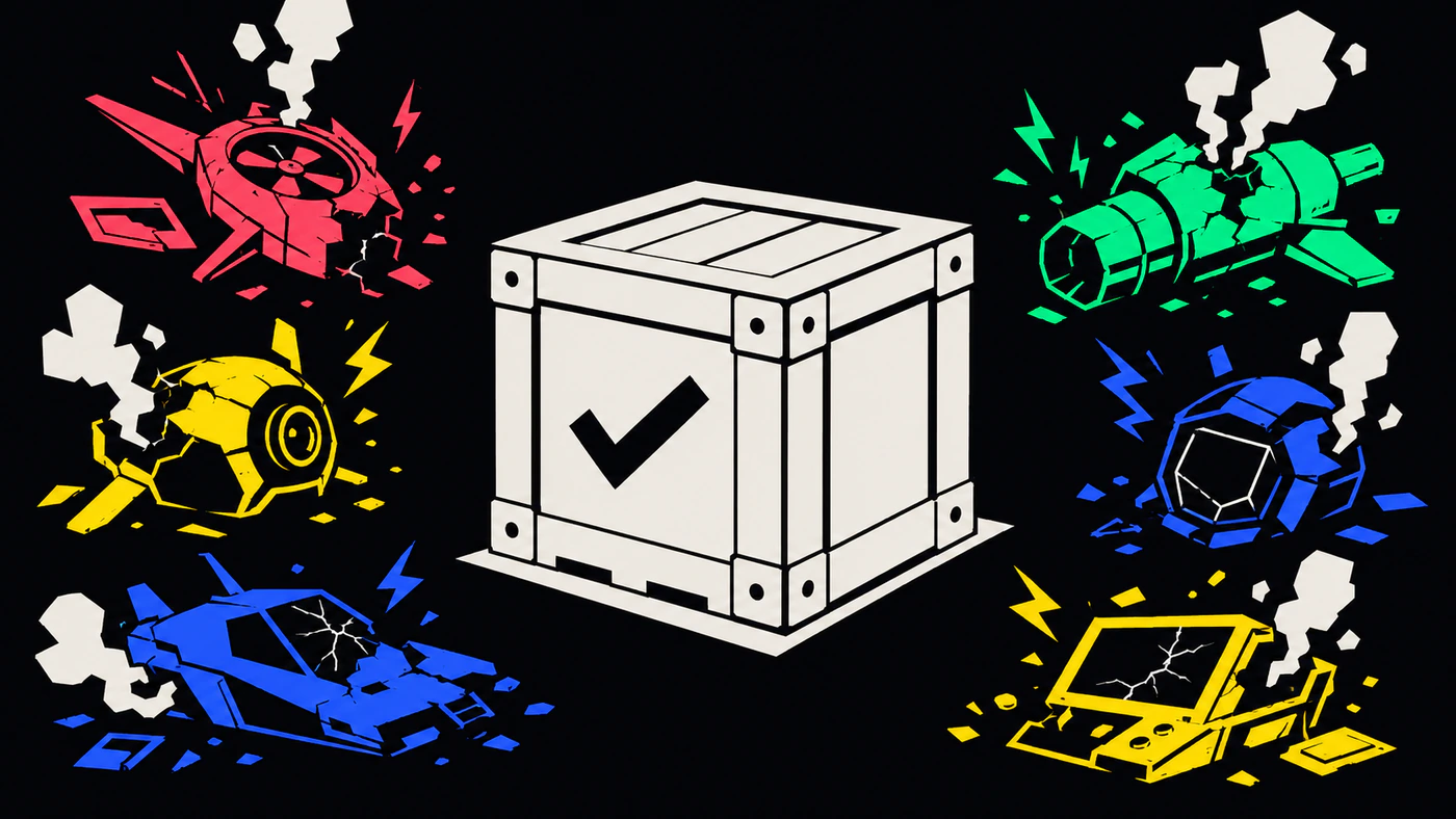 A plain sturdy crate marked with a checkmark standing calm in the centre while flashy hyped gadgets sputter, crack, and fizzle out around it.