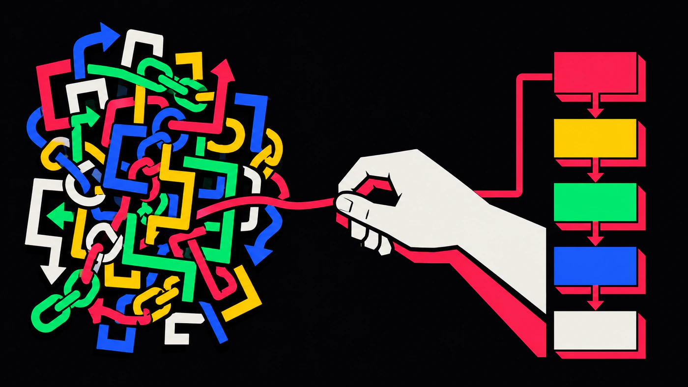 A chaotic tangle of nested brackets and chains on the left, pulled apart by a hand into a clean, ordered vertical stack of blocks on the right.