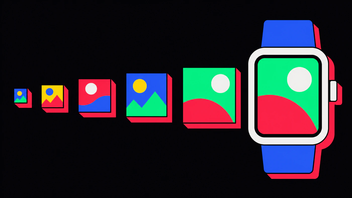A row of mountain-and-sun photo thumbnails growing from a tiny green-and-red icon up to a large one, ending in a chunky blue Apple Watch displaying the same picture.