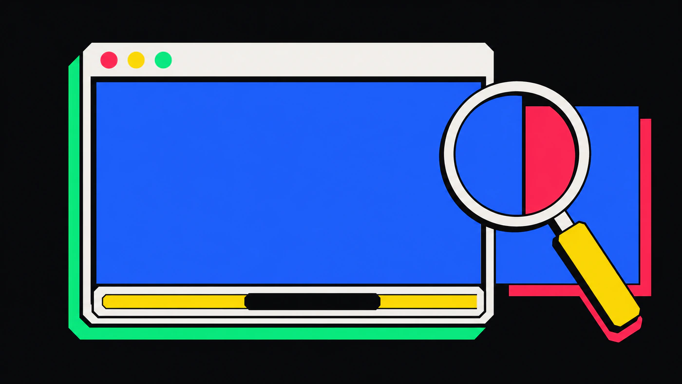 A browser window with red, yellow, and green traffic-light dots and a blank blue content area, its yellow horizontal scrollbar at the bottom magnified by a hovering magnifying glass.