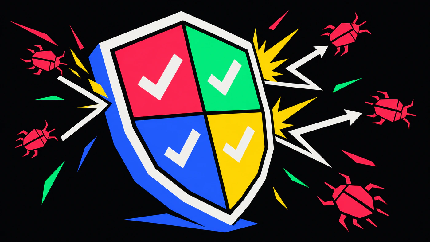 A heraldic shield of four checkmark panels — linters, type checkers, tests, and CI — deflecting incoming bugs that bounce off it.