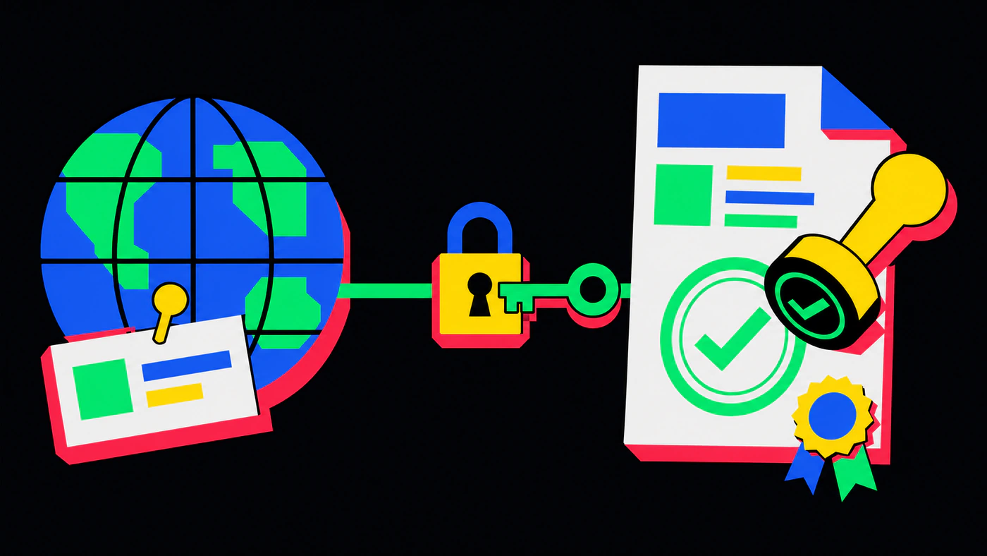 A blue-and-green globe with an ID card on the left, linked by a key and padlock to a document on the right stamped with a green checkmark circle and an award ribbon seal.
