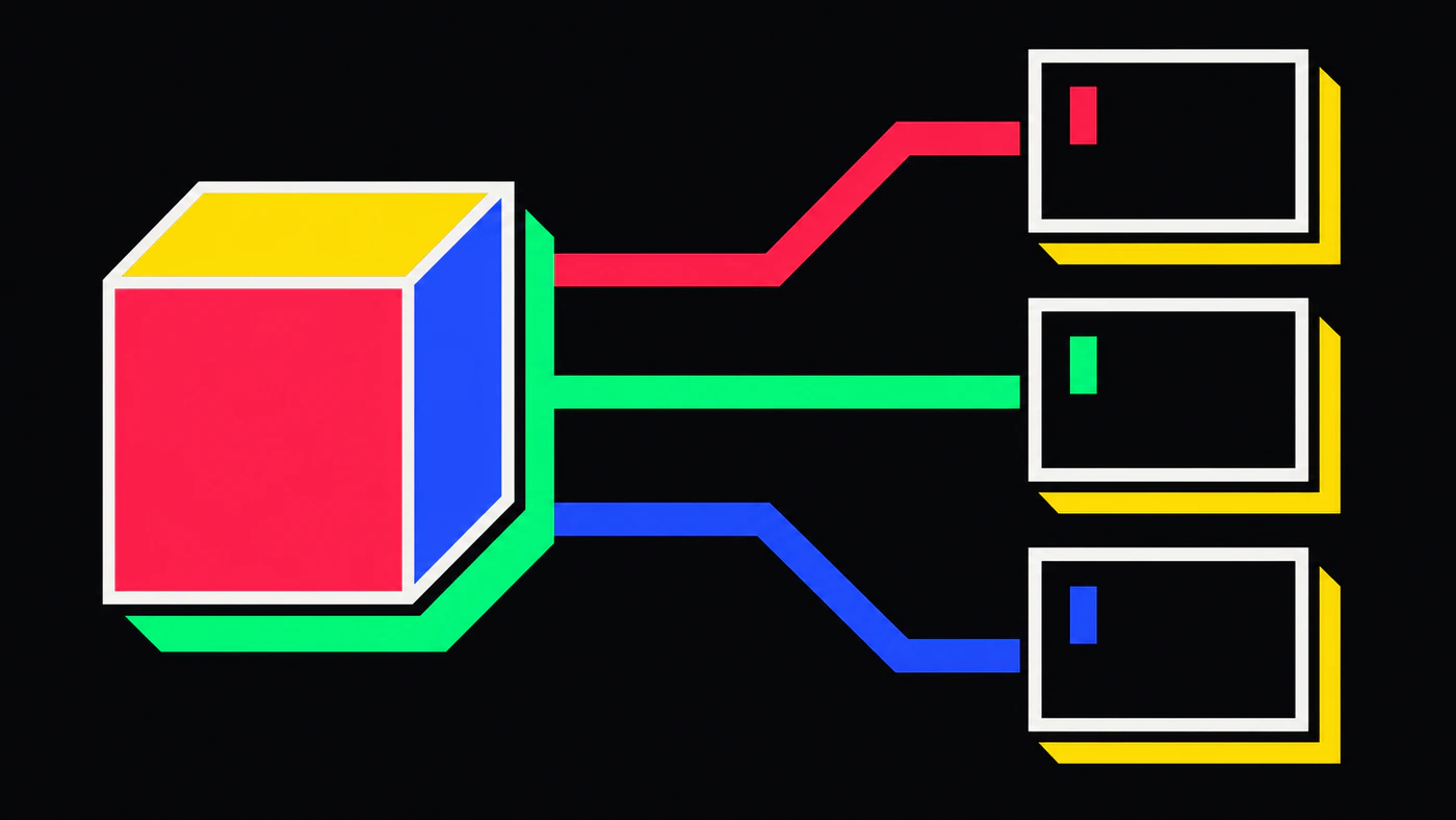 A cube with red, yellow, and blue faces on the left, with red, green, and blue cables routing out from it to three small framed screens on the right.