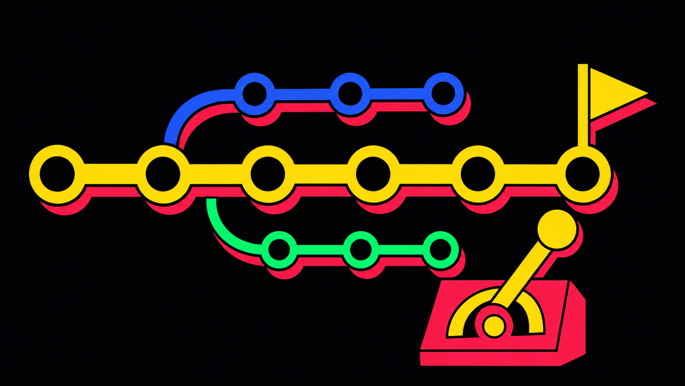 A subway-map diagram of yellow station circles along a main line, with blue and green branch lines splitting off, a yellow flag at the end, and a red lever beside it.
