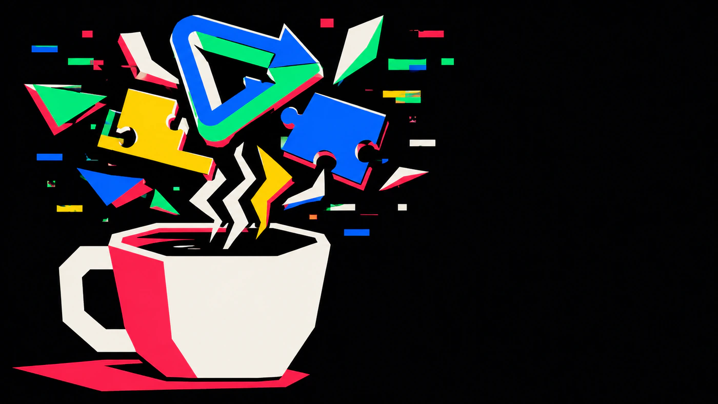 A steaming coffee cup whose steam morphs into glitchy quirks — an impossible looping arrow, mismatched puzzle pieces, and scattered glitch fragments.