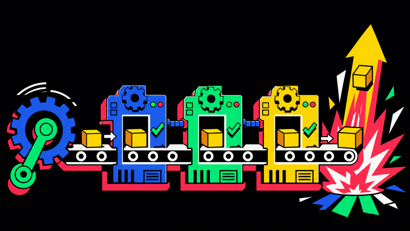 A factory conveyor line of blue machines with spinning gears stamping green checkmarks onto yellow boxes, a big gear crank on the left and a yellow arrow bursting from a red explosion on the right.