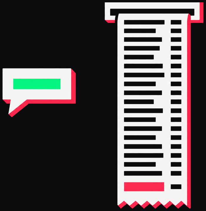 A small speech bubble holding one short line, the answer, beside a long receipt listing line after line of thinking and ending in a red total.