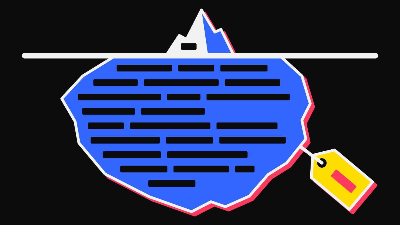An iceberg drawn in flat shapes. The small peak above the waterline carries a single short line, the answer, while the far larger mass below is packed with rows of blacked-out text: the working you never see. A yellow price tag hangs from the hidden part, its price drawn as a red bar.