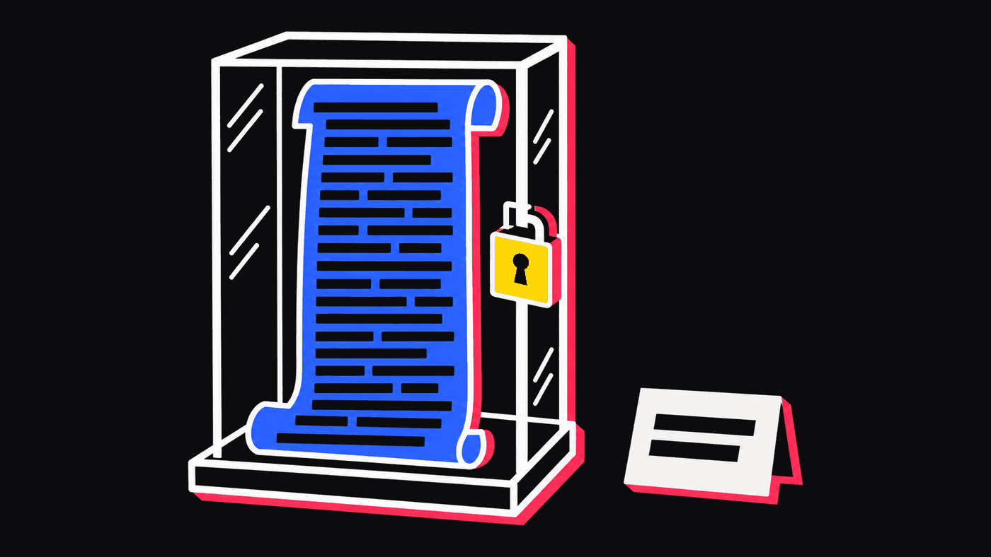 A long scroll covered in lines of writing, locked inside a glass case with a yellow padlock. Beside the case sits a small card with just two lines: the summary you get instead.