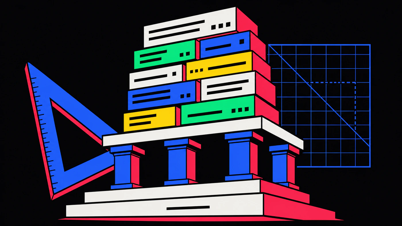 A classical temple with blue columns and a red base, crowned by a stack of colorful server blocks instead of a pediment, a triangular ruler leaning at left and a blue grid at right.