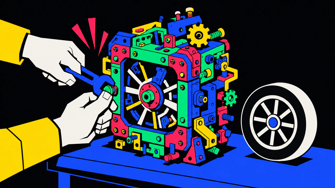 Hands bolting together an absurd over-engineered square gear-contraption while a perfectly good simple round wheel sits ignored beside it.