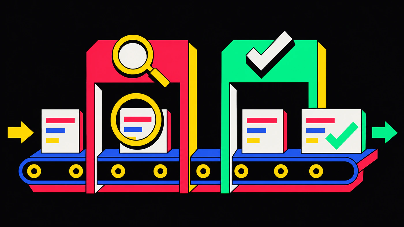 A conveyor belt carrying boxes through two gates — a red inspection arch with a magnifying glass and a green pass arch with a checkmark — moving from a yellow arrow to a green one.