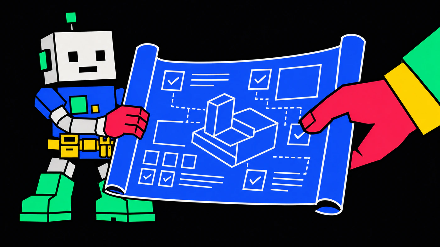 The robot coding agent and a human hand jointly reviewing a large blueprint-style spec document covered in checkmarks and diagrams — humans and agents approving a plan together.