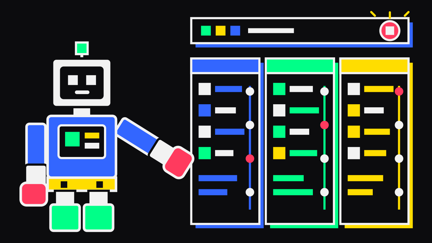 A robot coding agent beside three workspace panels, gathered under one bar with a single lit badge.