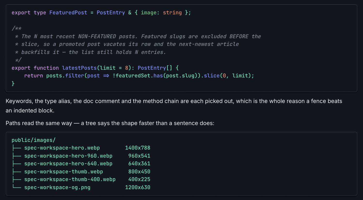 The same rule as syntax-highlighted TypeScript: a type alias, a doc comment and a one-line function, with keywords, types, comments and method calls each coloured differently. Below it, a directory tree of the six illustration assets.