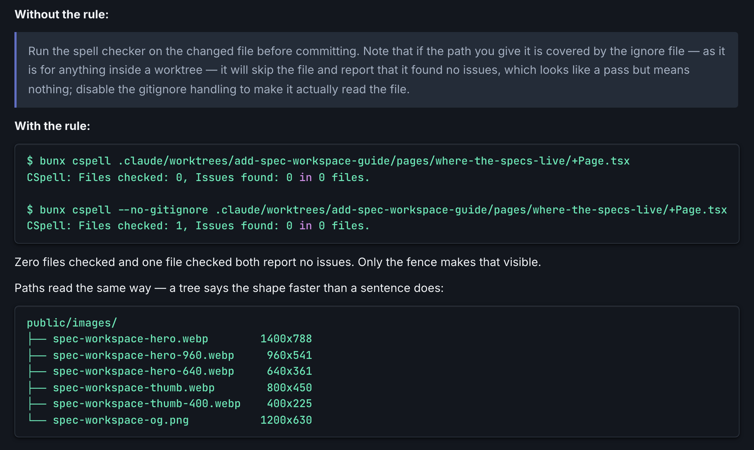 The same warning twice. Above, a paragraph explains that the spell checker skips a path the ignore file covers. Below, two commands and their output: the first reports zero files checked, the second, with gitignore handling off, reports one.
