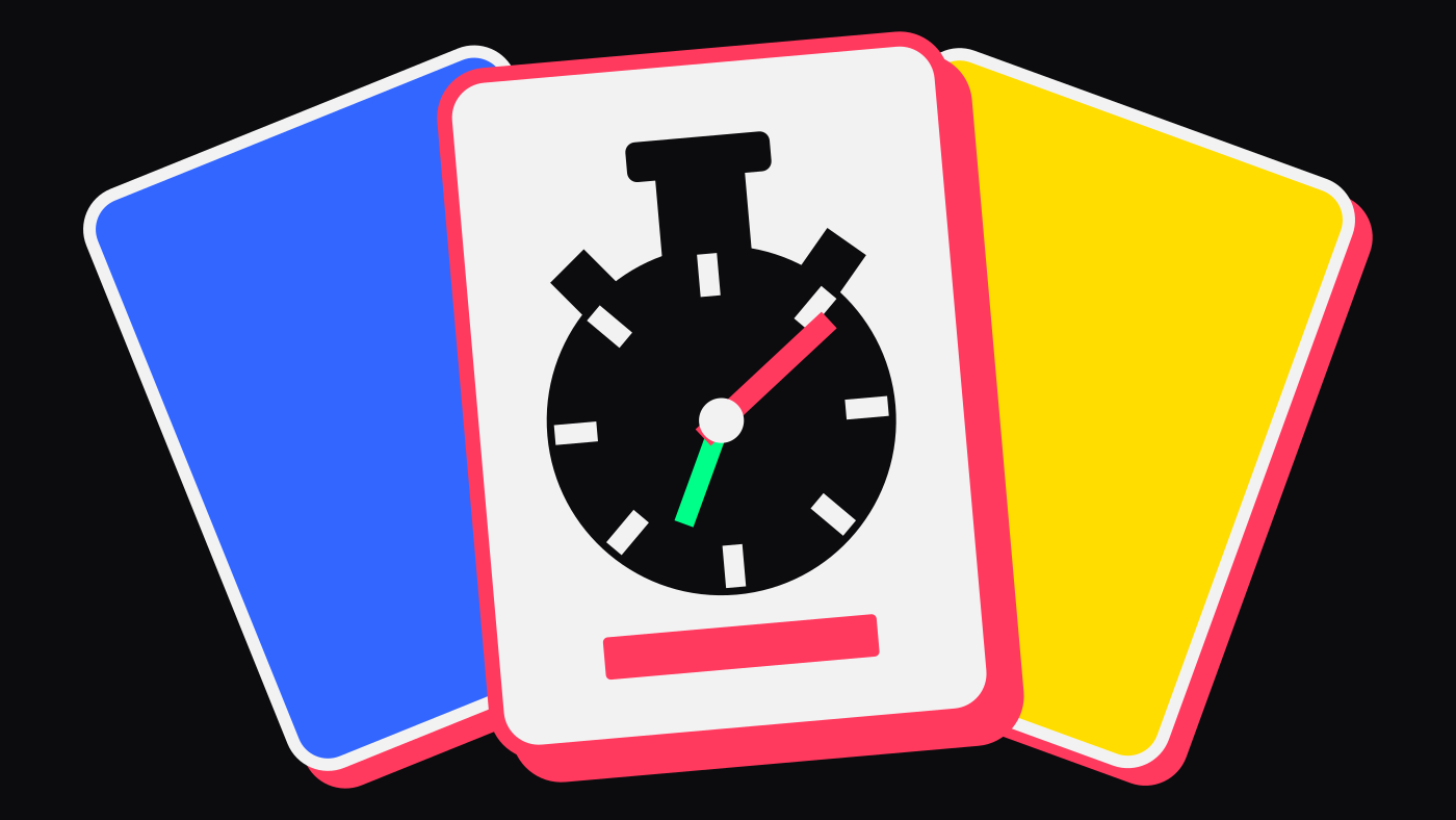 Three fanned planning-poker cards. The front card carries no number: its face is cut through in the shape of a stopwatch, with a flat red bar redacting the spot where the number would be printed.