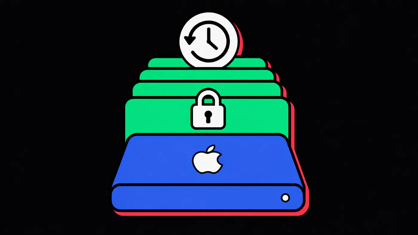 A blue external hard drive topped by a fanned stack of colorful screenshot cards, encircled by a green-to-red looping arrow, with a cable plugging into its side.